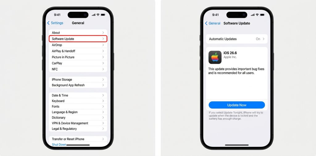 بررسی به‌روزرسانی iOS در تنظیمات آیفون