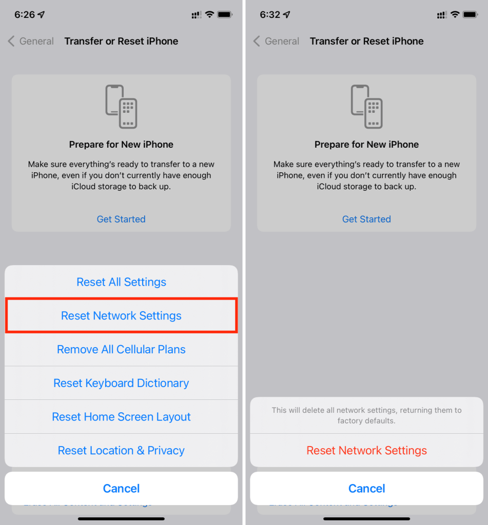 مسیر Reset Network Settings در تنظیمات آیفون