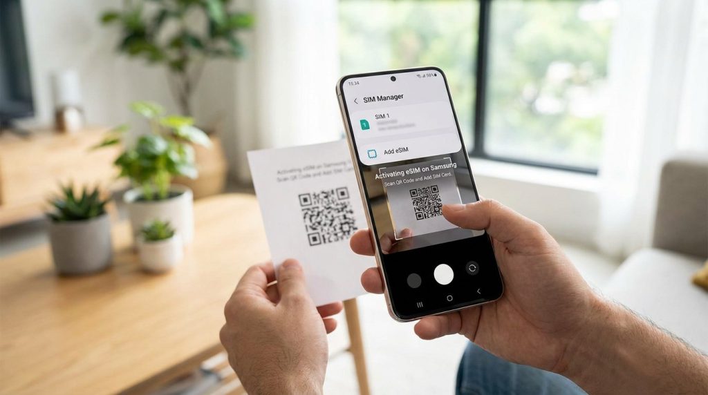 اسکن QR Code برای فعال سازی eSIM روی گوشی هوشمند و دانلود پروفایل سیم کارت الکترونیکی