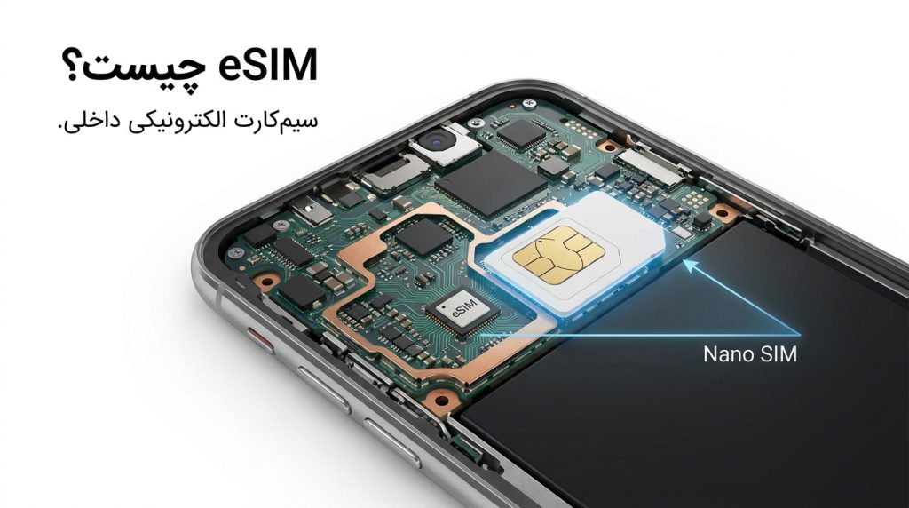 نمای داخلی گوشی هوشمند با تراشه eSIM یا سیم کارت الکترونیکی تعبیه شده روی مادربورد دستگاه
